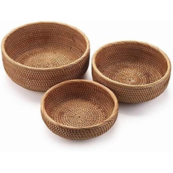 Natural Rattan Round Fruit Basket Bowls, Handwoven Storage Serving Baskets